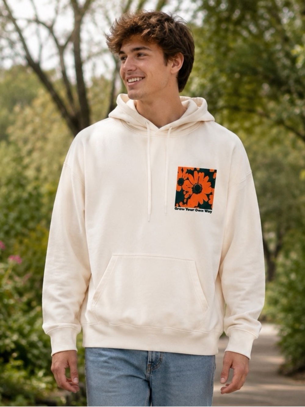 H&M Cream Hoodie with Orange Floral Chest Print